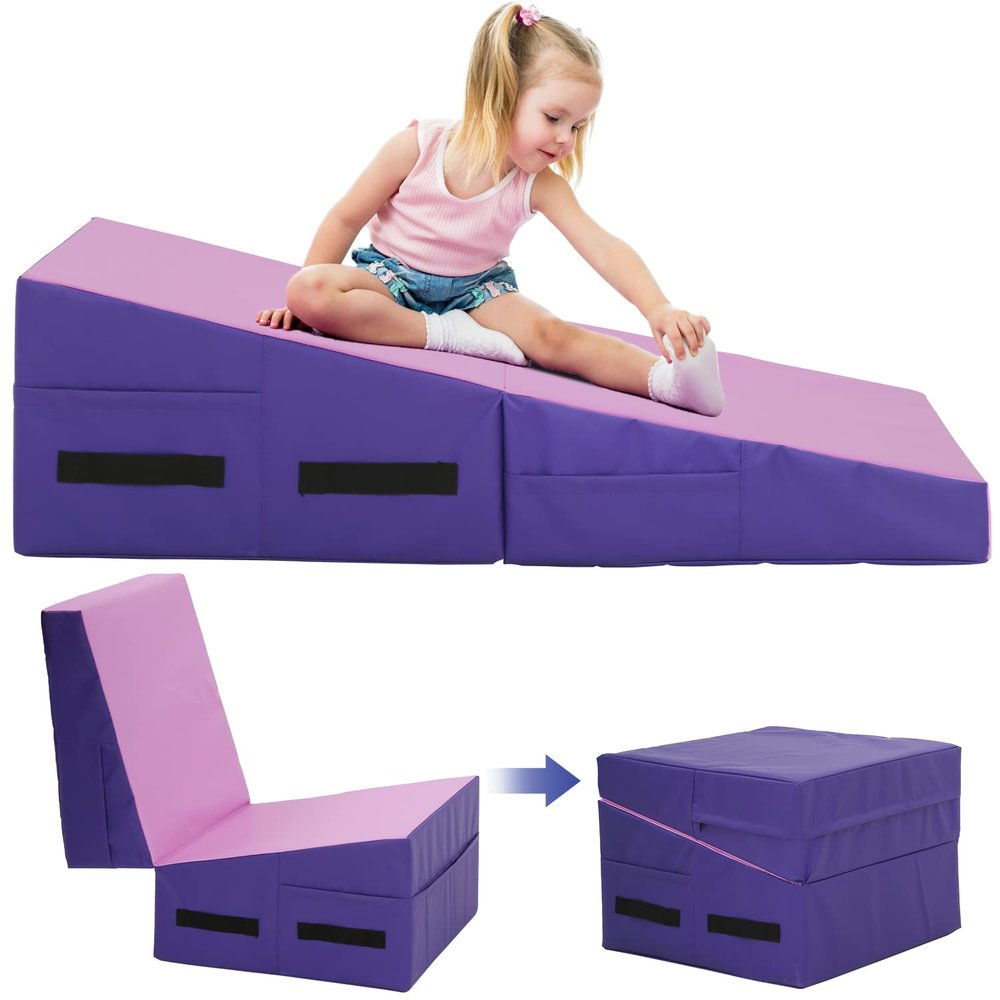 Gymnastics Cheese Mat for Kid Adult, 48"X24"X14" Folding Tumbling Mat for Home Gym, Incline Wedge With Non-Slip PVC Surface & Handle, Pink