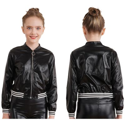 Loyan Kids Girls Metallic Bomber Jacket Coat Zip Up Long Sleeve Jazz Dance Crop Top Windbreaker Outerwear Black 6 Years