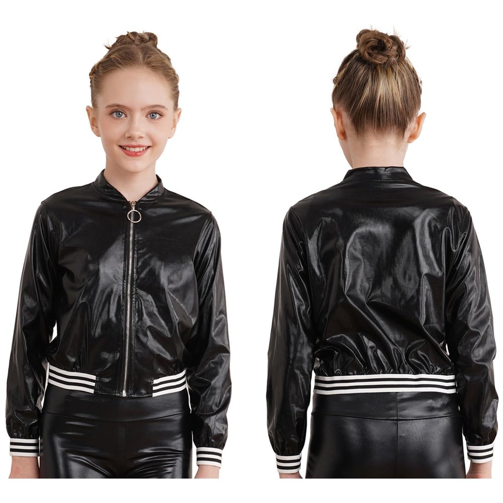 Loyan Kids Girls Metallic Bomber Jacket Coat Zip Up Long Sleeve Jazz Dance Crop Top Windbreaker Outerwear Black 6 Years