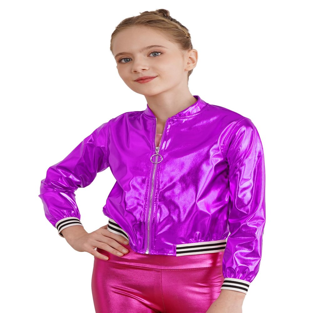 Jhaoyu Kids Girls Boys Metallic Bomber Moto Jacket Coat Hip Hop Jazz Modern Dance Top Disco Party Wear Purple 6 Years