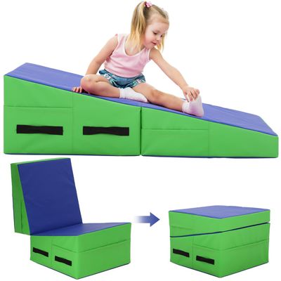 Gymnastics Cheese Mat for Kid Adult, 48"X24"X14" Folding Tumbling Mat for Home Gym, Incline Wedge With Non-Slip PVC Surface & Handle, Blue
