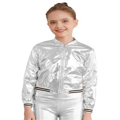 Jhaoyu Kids Girls Boys Metallic Bomber Moto Jacket Coat Hip Hop Jazz Modern Dance Top Disco Party Wear Silver 10 Years