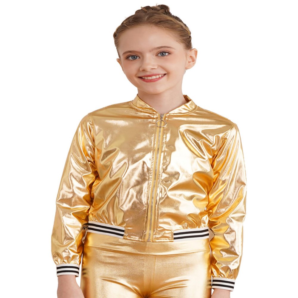 Jhaoyu Kids Girls Boys Metallic Bomber Moto Jacket Coat Hip Hop Jazz Modern Dance Top Disco Party Wear Gold 14 Years