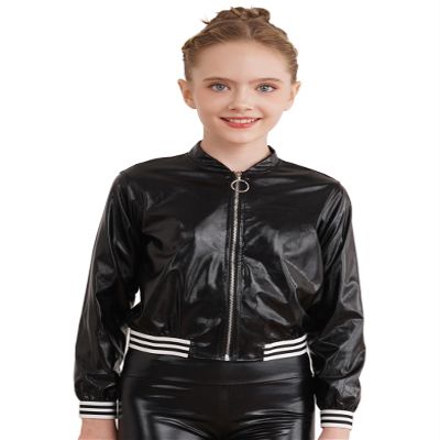 Jhaoyu Kids Girls Boys Metallic Bomber Moto Jacket Coat Hip Hop Jazz Modern Dance Top Disco Party Wear Black 6 Years