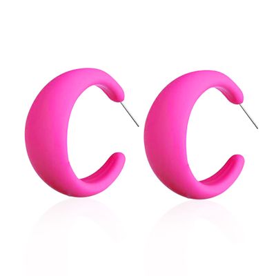 Acrylic Resin Hoop Earrings - 70s 80s Colorful C Shape Trendy Chunky Cute Candy Earrings - Jewelry for Women (Rose Red)