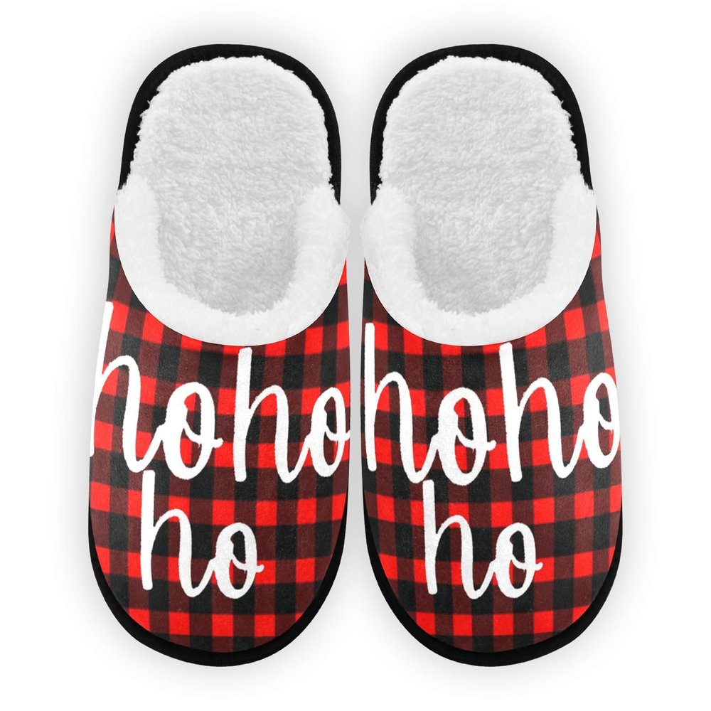 Ho Ho Ho Santa Laughing Spa Slippers Red and Black Tartan Plaid Christmas House Slippers Memory Foam Slippers Indoor Outdoor Home Shoes L for Men Woman