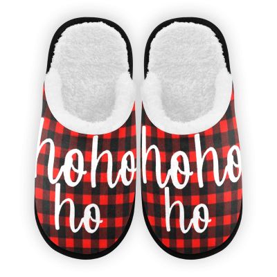 Ho Ho Ho Santa Laughing Spa Slippers Red and Black Tartan Plaid Christmas House Slippers Memory Foam Slippers Indoor Outdoor Home Shoes M for Men Woman