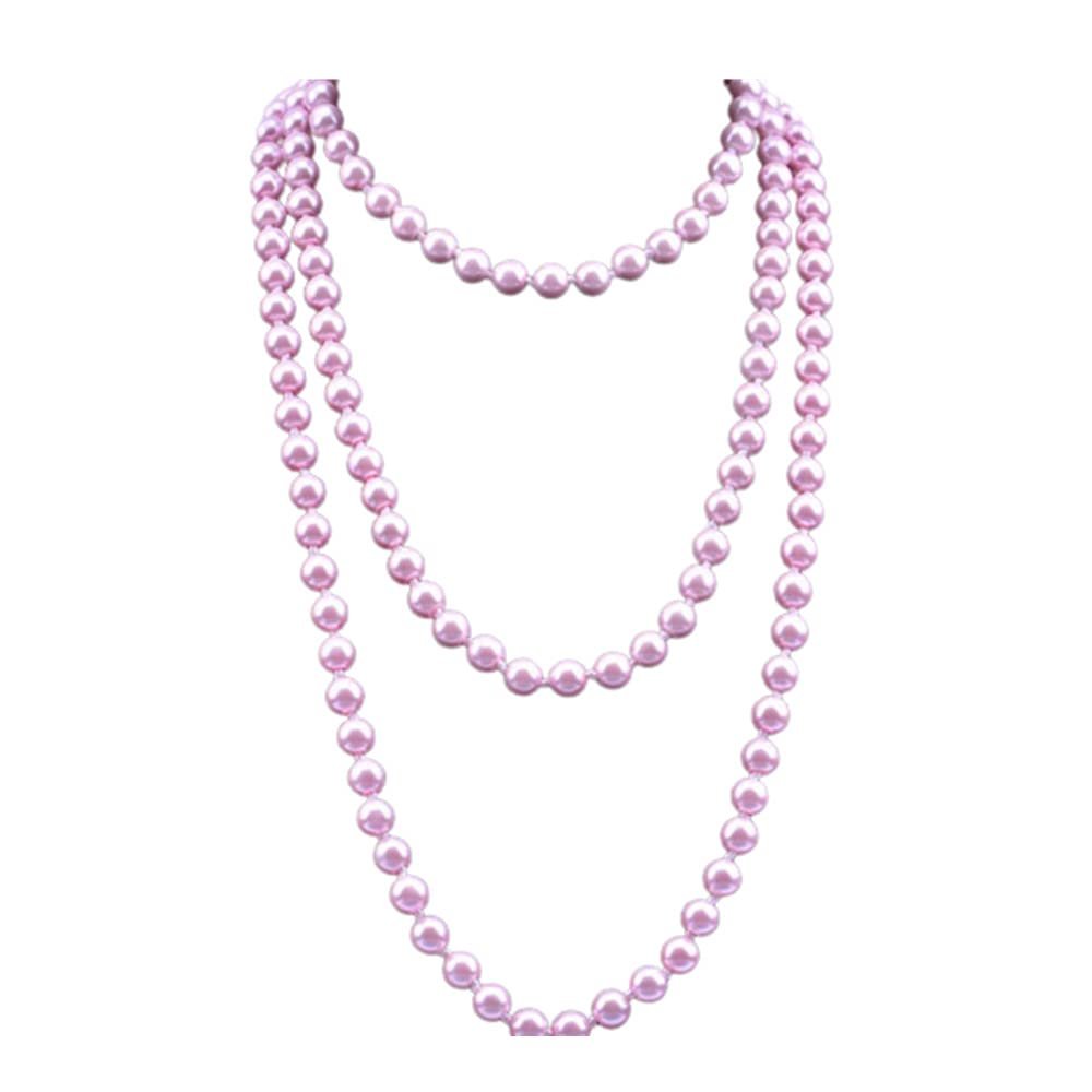 1920s Pearls Necklace Long Fake Pearls Necklace Retro Vintage Imitation Pearls Layered Necklace Pearl Strand Costume Jewelry for Women -Pink