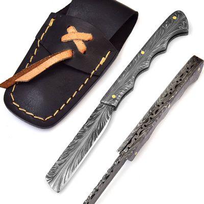 HFD_003-8 inches Damascus steel pocket knife feather pattern, folding hunting knife with an elegant hand forged feather pattern for addition in camping accessories,