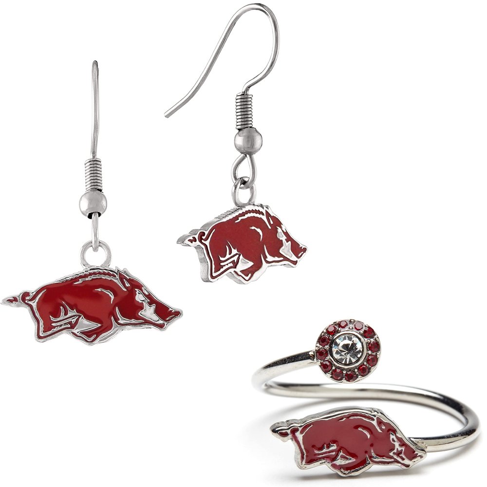 Arkansas Razorbacks Gifts for Women - Razorback Dangle Earrings and Matching Crystal Ring Set - Hypoallergenic Stainless Steel Jewelry for Women - Arkansas Womens Apparel and Razorback Gifts