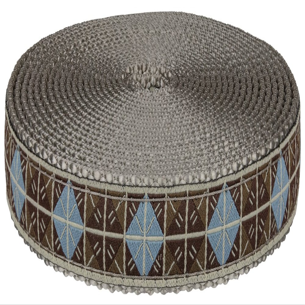 Country Brook Design - Blue & Brown Diamond Ribbon on Silver Nylon Webbing Closeout (3/4 Inch, 5 Yards)
