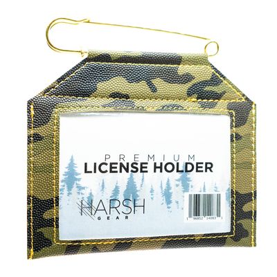 Weatherproof License Holder with Pin Included, Perfect for Hunting, Fishing, Archery Tags and Permits, Clear Window, Premium Quality Hand Stitched Synthetic Leather (Camo)