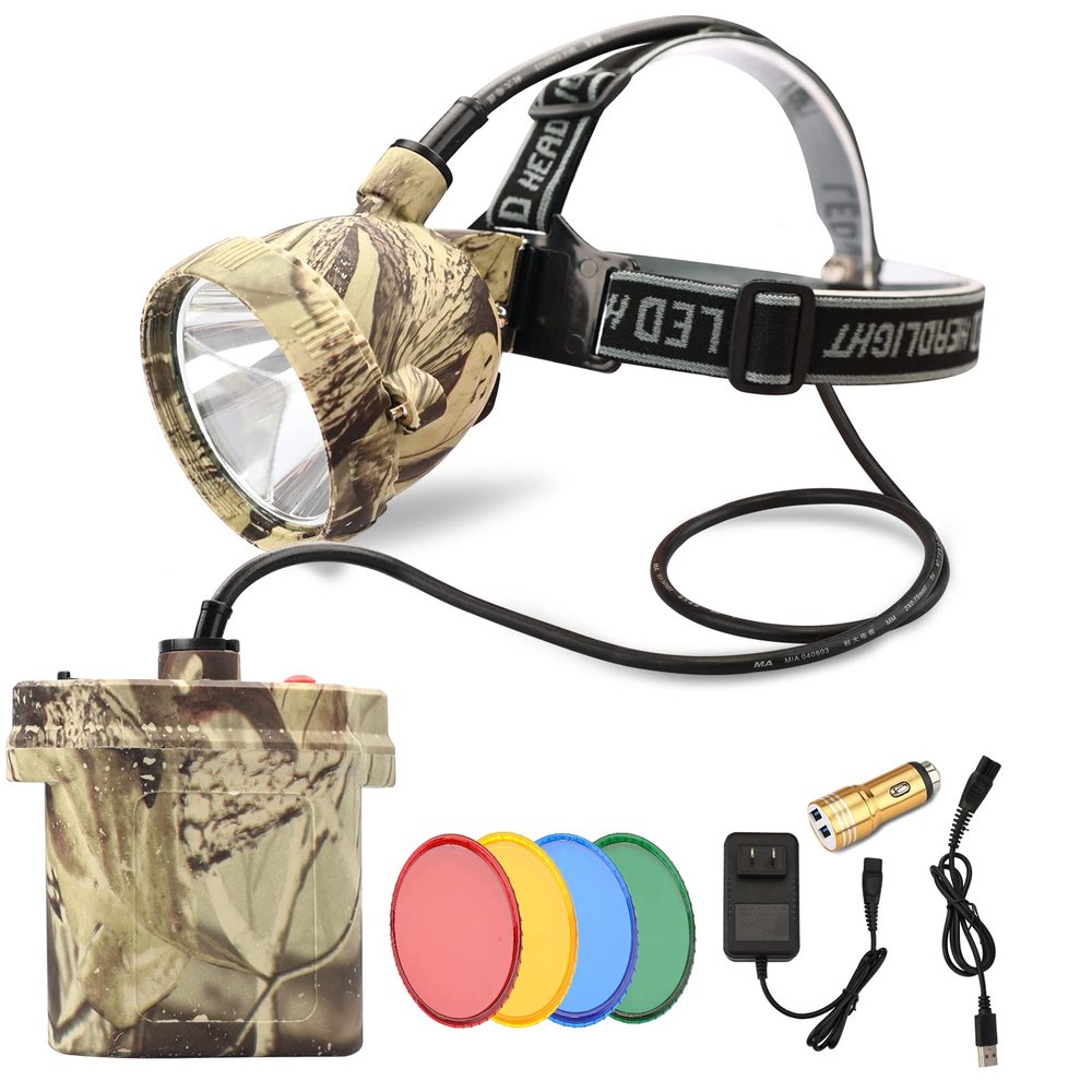 DUMPMAN Camo Coon Hunting Lights Headlamp for Coyotes Hog Predators, Rechargeable & Waterproof, 6 Lighting Modes, 4 Powerful LEDs (White Red Green Amber) Night Working