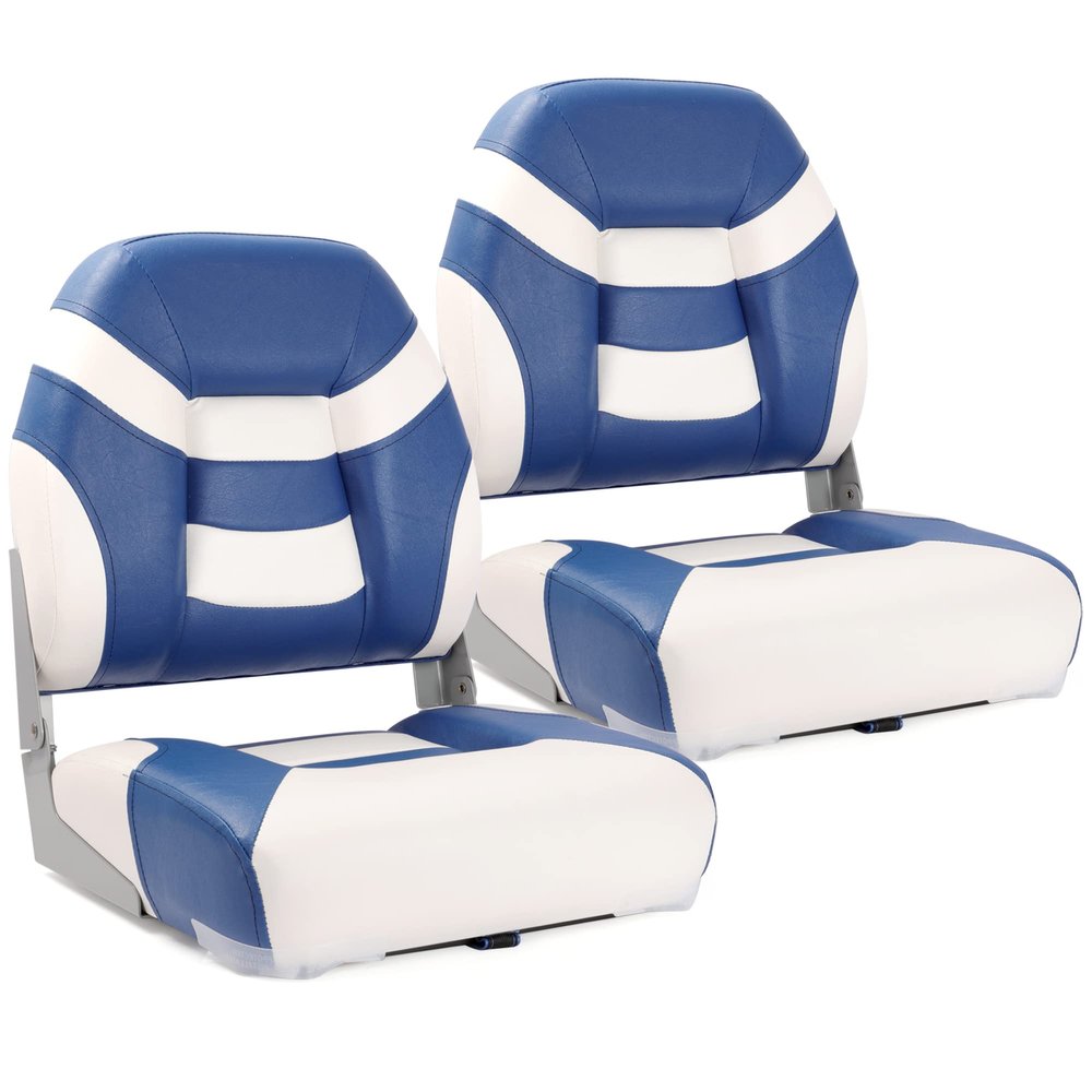 SUNDGORA Premium Marine Low Back Folding Boat Seat,Stainless Steel Screws Included,White/Pacific Blue(2 Seats)