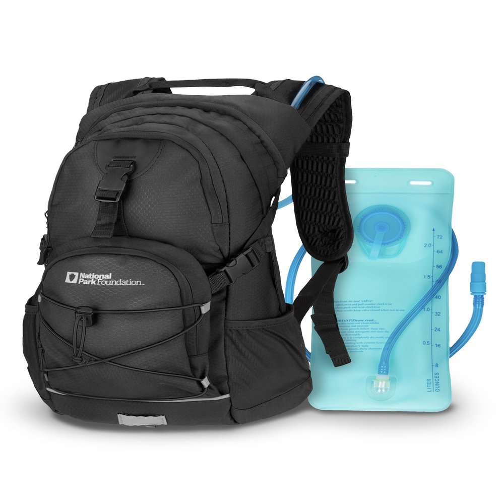 National Park Foundation 18L Hydration Backpack with 2 Liter Hydro Water Bladder Bag, Lightweight Daypack for Cycling, Hiking, Running, Climbing, for Men Women Kids (Black)