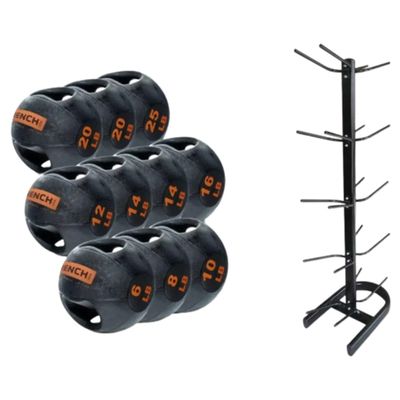 French Fitness Dual Grip Medicine Ball Set of 10 (6 to 25 lbs) w/Rack (New)