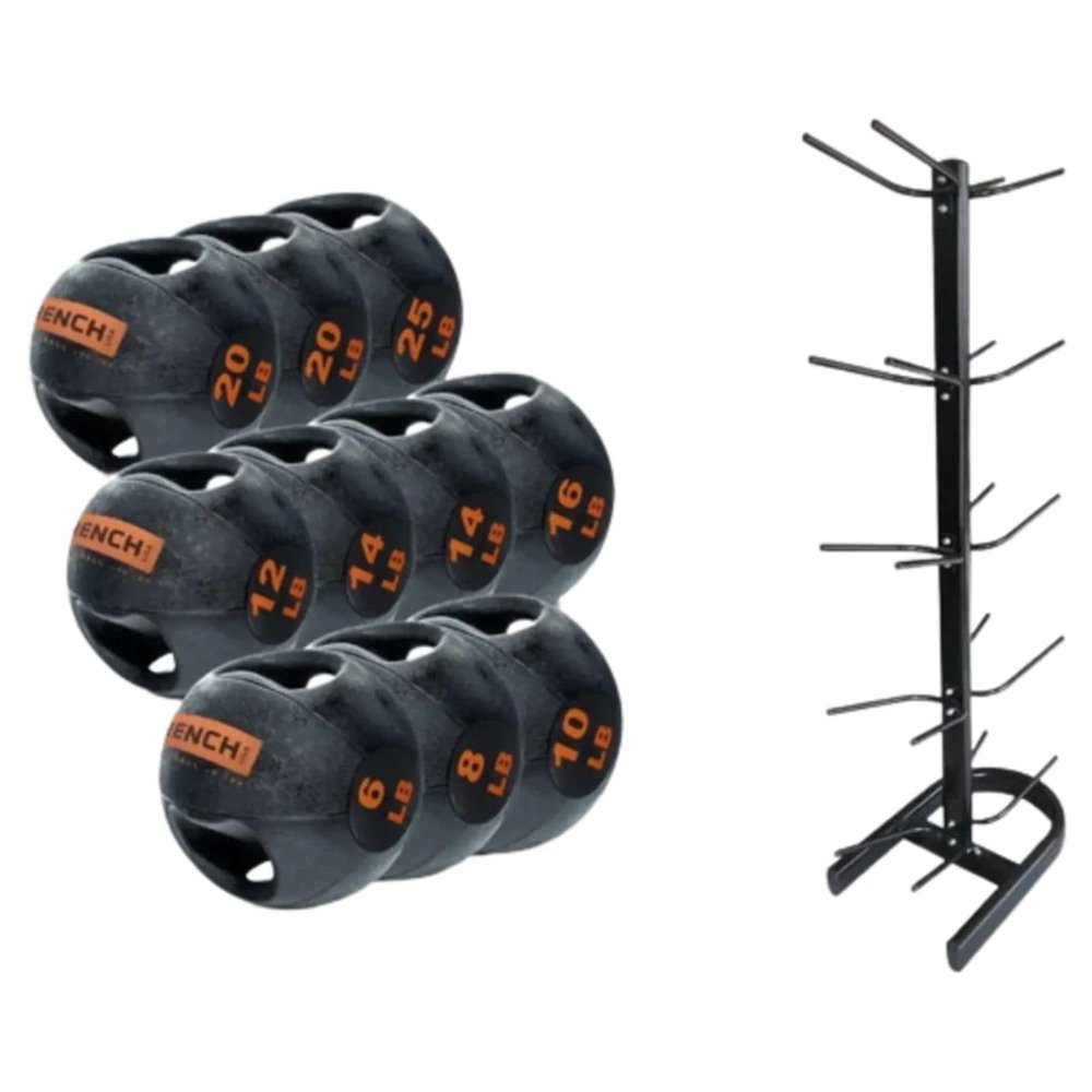 French Fitness Dual Grip Medicine Ball Set of 10 (6 to 25 lbs) w/Rack (New)