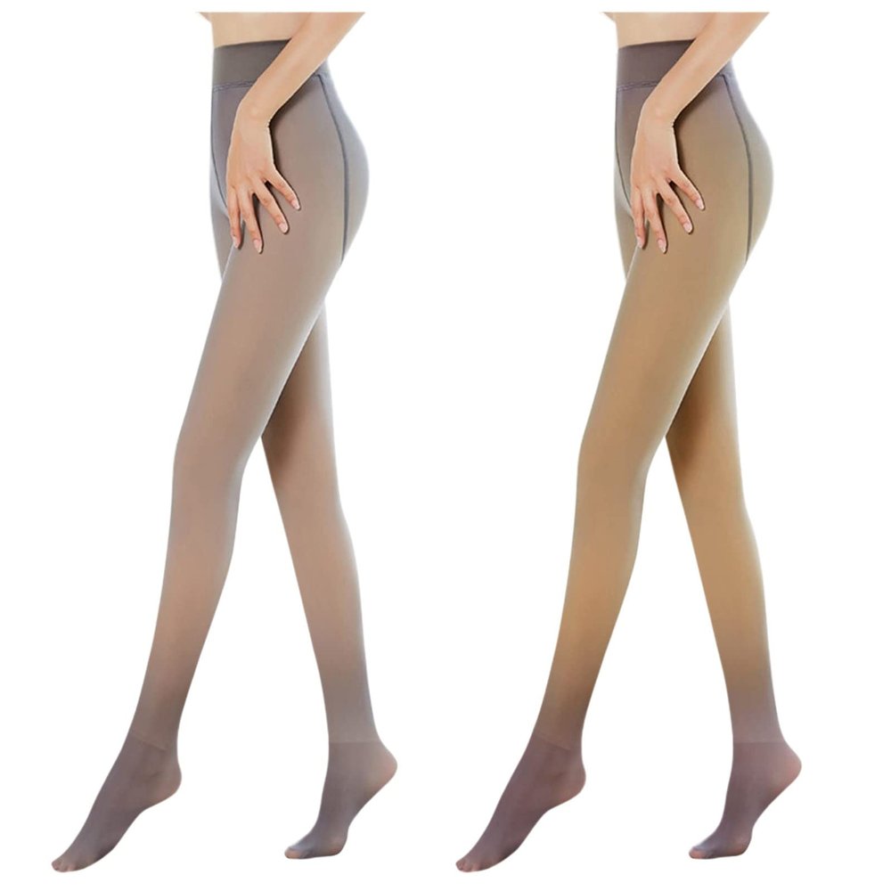 2PCS Womens Winter Tights Fleece Lined Warm Leggings Thick Thermal Velvet Tights Fake Translucent Slim Stretch Pantyhose (Grey+Coffee, 200g(with velvet))