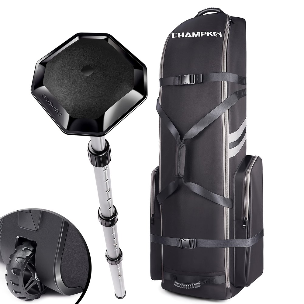 CHAMPKEY Premium Soft-Padded Golf Travel Bags for Airlines - Travel Golf Gags for Airlines with Premium Oxford Fabric and Oversized Wheels(Black Bag with Pole)
