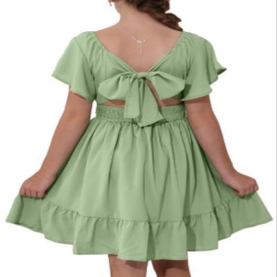 blibean Girls Summer Tie Back Dress Tween Kids Casual Boho Cold Shoulder Cute Dresses Ruffle Beach Clothing Short Sleeve Tulle Vestidos Nias Size 10-11 Years Old Olive Green