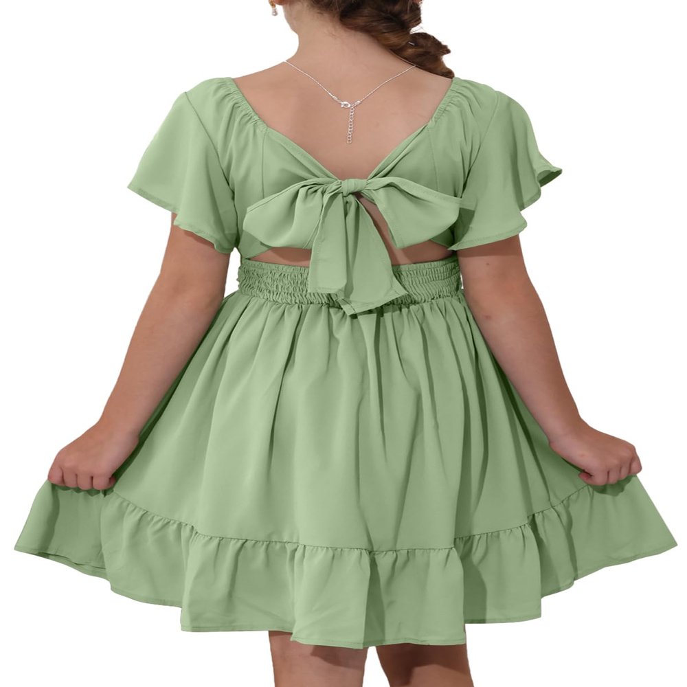 blibean Girls Summer Tie Back Dress Tween Kids Casual Boho Cold Shoulder Cute Dresses Ruffle Beach Clothing Short Sleeve Tulle Vestidos Nias Size 10-11 Years Old Olive Green