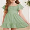 blibean Girls Summer Tie Back Dress Tween Kids Casual Boho Cold Shoulder Cute Dresses Ruffle Beach Clothing Short Sleeve Tulle Vestidos Nias Size 10-11 Years Old Olive Green view 2