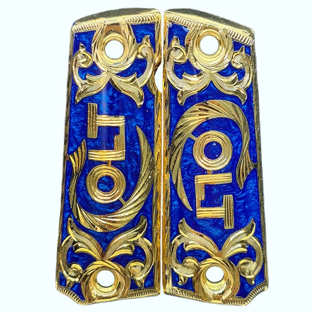 Grips for Colt 1911 Gun Logo Colt with 24k Gold Plated with Blue Resin Includes Screws