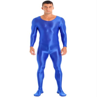 YiZYiF Men's Oil Shiny Tights Transparent Bodysuit Glossy Swimming Sports Yoga Suit Underwear Blue X-Large