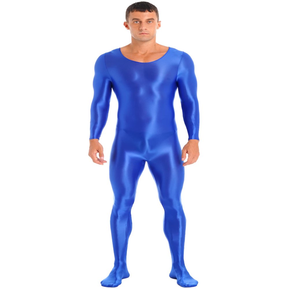 YiZYiF Men's Oil Shiny Tights Transparent Bodysuit Glossy Swimming Sports Yoga Suit Underwear Blue X-Large