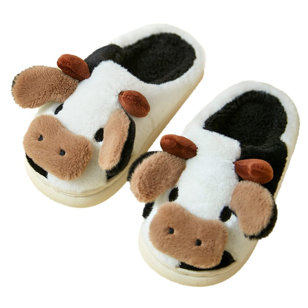 Kids Shoes House Slippers Bedroom Home Slippers Cartoon Cow Cotton Slippers Winter Indoor Slipper Socks for Toddlers (Black, 11-11.5 Years Big Kids)
