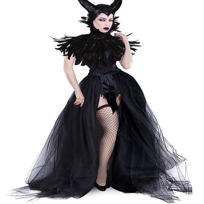 UQJE 4Pcs Black Gothic Witch Costume Raven Costume Halloween Feather Shawl Mesh Cape with Horns Set