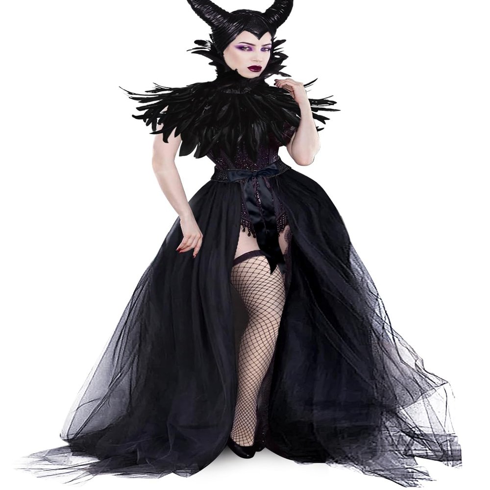 UQJE 4Pcs Black Gothic Witch Costume Raven Costume Halloween Feather Shawl Mesh Cape with Horns Set