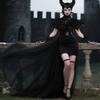 UQJE 4Pcs Black Gothic Witch Costume Raven Costume Halloween Feather Shawl Mesh Cape with Horns Set view 4