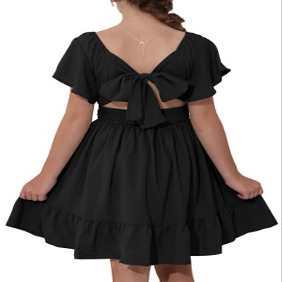 blibean Girl,Big kid, Summer Dresses Tween Kid Boho Off Shoulder Solid Dress Back Tie Tulle Short Sleeve Tutu Clothing Vestidos Nias Size 10-11 Years X-Large Black