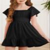 blibean Girl,Big kid, Summer Dresses Tween Kid Boho Off Shoulder Solid Dress Back Tie Tulle Short Sleeve Tutu Clothing Vestidos Nias Size 10-11 Years X-Large Black view 2