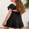blibean Girl,Big kid, Summer Dresses Tween Kid Boho Off Shoulder Solid Dress Back Tie Tulle Short Sleeve Tutu Clothing Vestidos Nias Size 10-11 Years X-Large Black view 3