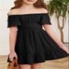 blibean Girl,Big kid, Summer Dresses Tween Kid Boho Off Shoulder Solid Dress Back Tie Tulle Short Sleeve Tutu Clothing Vestidos Nias Size 10-11 Years X-Large Black view 4