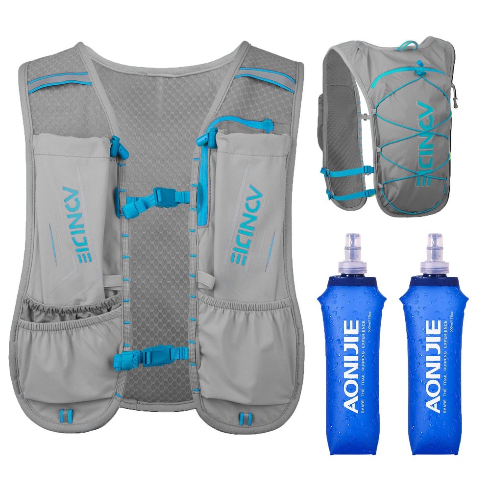 AONIJIE Waterproof and Breathable Running Hydration Vest with 500ml Flask, 4.23oz Lightweight Hydration Vest Backpack Fits 6.8" Phones, for Hiking Cycling Race Marathon(Grey with 2*500ml Bottles)