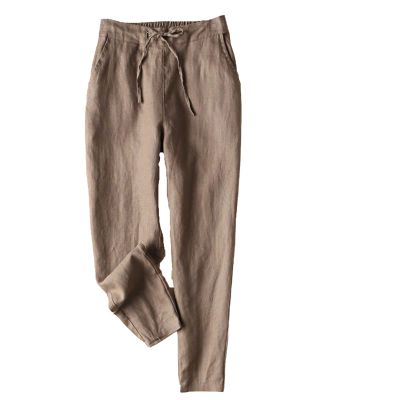 Maiyifu-GJ Women's Linen Cropped Wide Leg Pants High Elastic Waist Long Cropped Trousers Stretch Straight Summer Casual Pant (Brown,X-Large)
