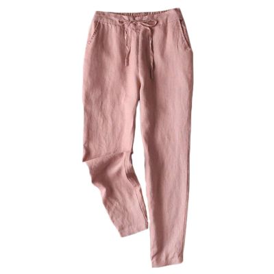 Maiyifu-GJ Women's Linen Cropped Wide Leg Pants High Elastic Waist Long Cropped Trousers Stretch Straight Summer Casual Pant (Pink,4X-Large)