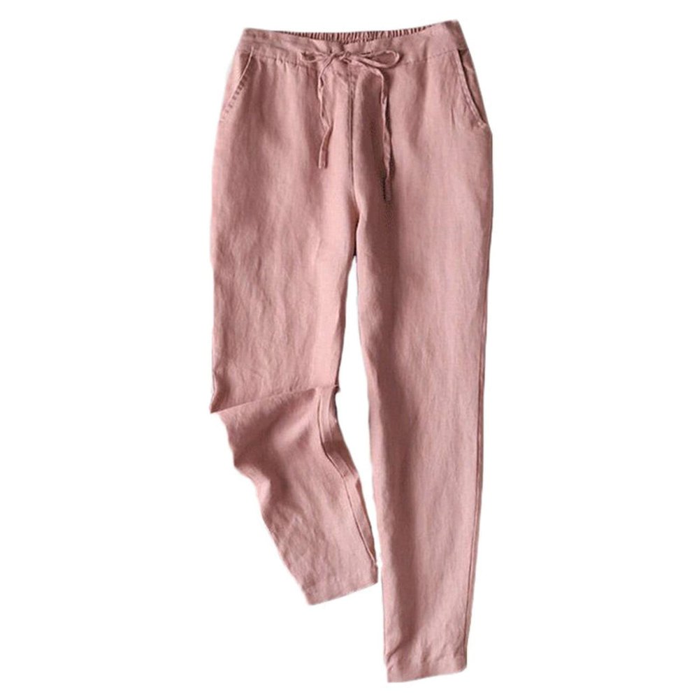 Maiyifu-GJ Women's Linen Cropped Wide Leg Pants High Elastic Waist Long Cropped Trousers Stretch Straight Summer Casual Pant (Pink,4X-Large)