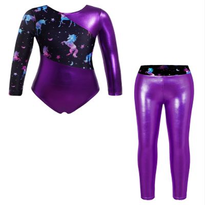 dPois Kids Girls Gymnastics Leotard with Leggings Pants Set Dance Ballet Dancewear Athletic Outfits Activewear Purple 14 Years