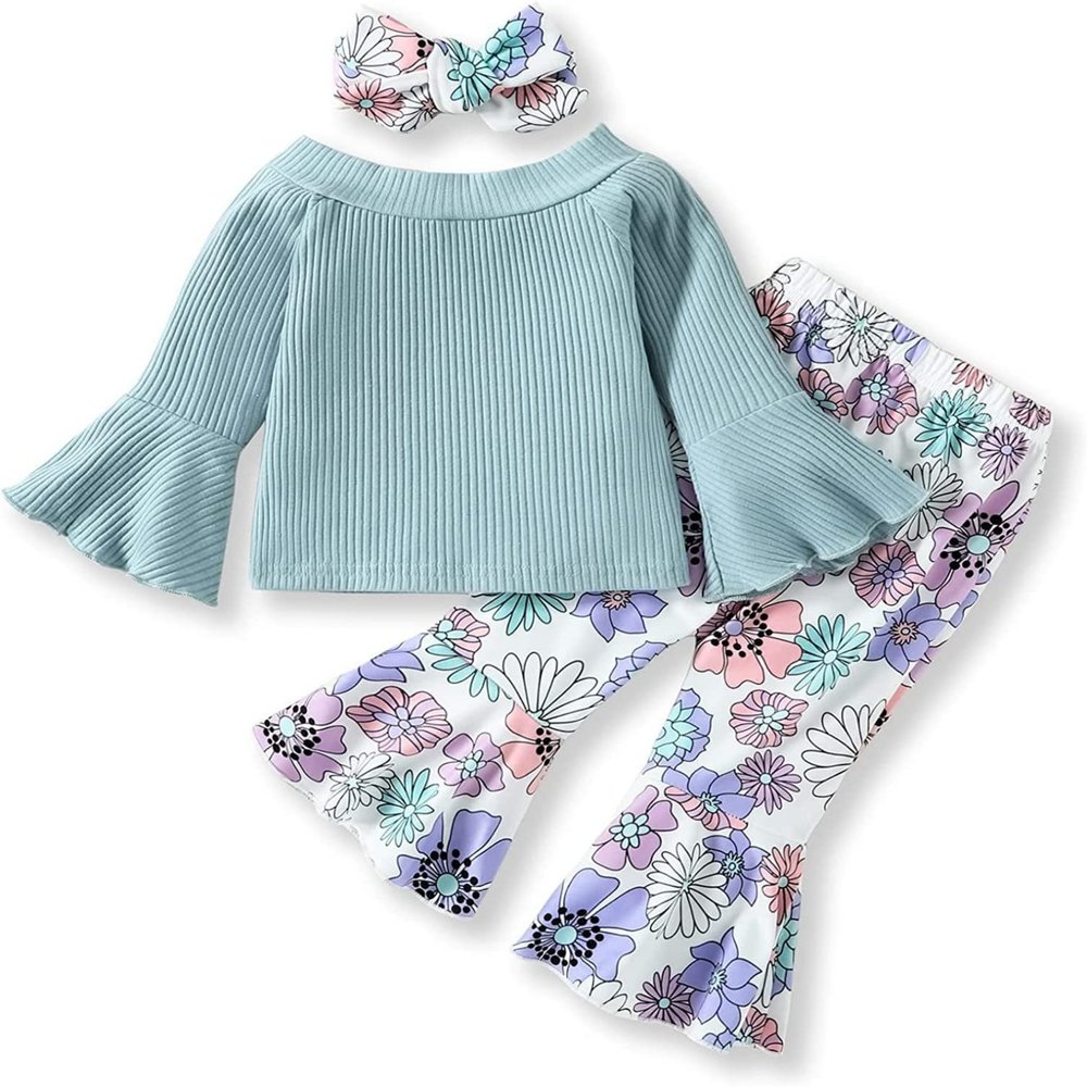 Toddler Girls Clothes Bell Bottom Sets Christmas Loose Short Sleeve T Shirt Tops Flared Pants (Blue-F, 4-5 Yeadrs)