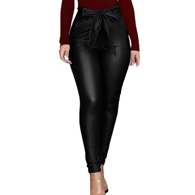 Maiyifu-GJ Women's Skinny Faux Leather Leggings Lightweight High Waist Bowknot Casual Pants Casual Sexy PU Leather Trousers (Black,Large)