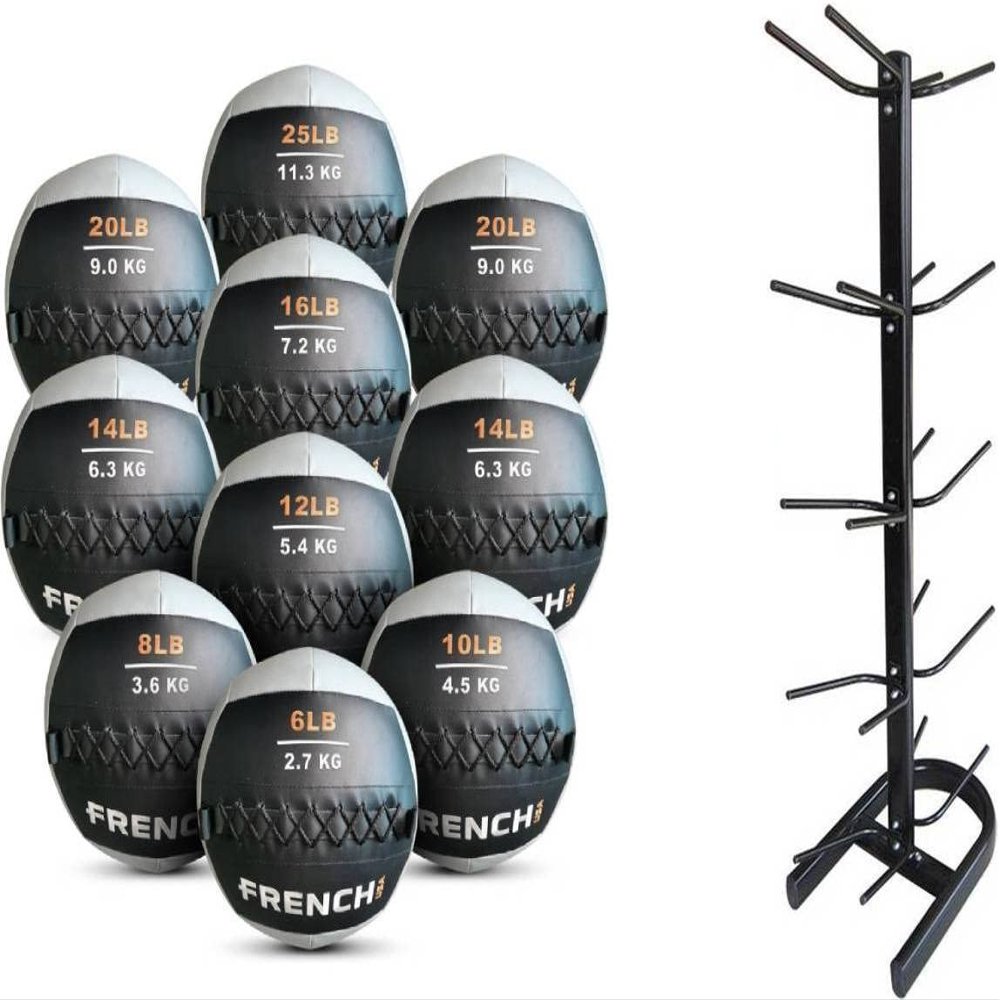 French Fitness Soft Medicine Wall Ball Set of 10 (6 to 25 lbs) w/Rack (New)