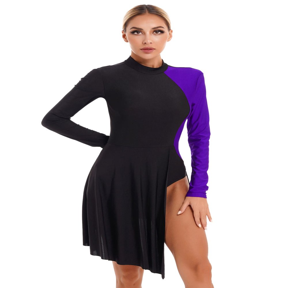 Aislor Women Color Block Latin Ballroom Dance Mock Neck Side Split Asymmetrical Hem Dance Dresses Purple Medium