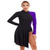 Aislor Women Color Block Latin Ballroom Dance Mock Neck Side Split Asymmetrical Hem Dance Dresses Purple Medium view 1