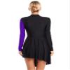 Aislor Women Color Block Latin Ballroom Dance Mock Neck Side Split Asymmetrical Hem Dance Dresses Purple Medium view 2