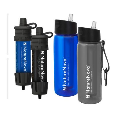 Mini Water Filter NatureNova Portable Emergency Water Filtration(2 Pack,Blue/Black) with Naturenova Water Filter Bottle(2 Pack Blue/Black)