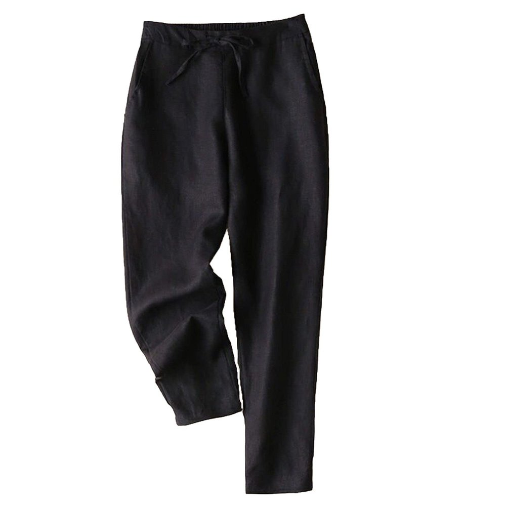 Maiyifu-GJ Women's Linen Cropped Wide Leg Pants High Elastic Waist Long Cropped Trousers Stretch Straight Summer Casual Pant (Black,X-Large)